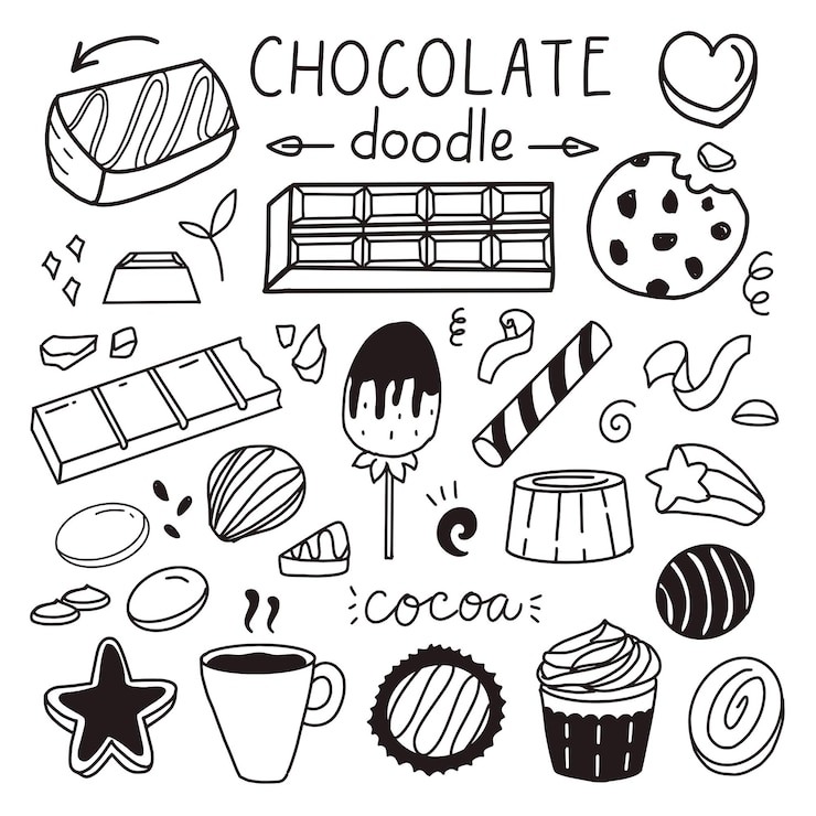 Vetor conjunto de desenho de chocolate e doce para o adesivo de ilustração vetorial do dia mundial do chocolate