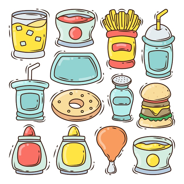 Conjunto de desenho de doodle de elemento de fast food desenhado à mão