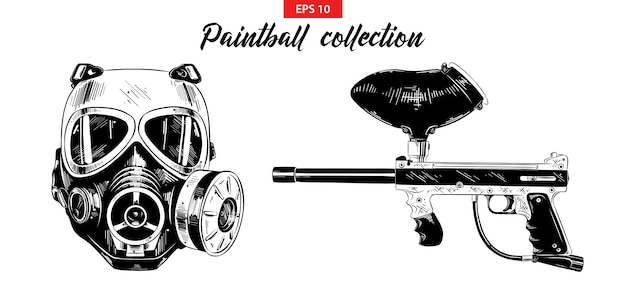 Conjunto de desenho de mão desenhada de arma de paintball e máscara