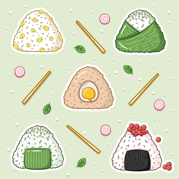 Conjunto de desenho fofo de arroz japonês onigiri
