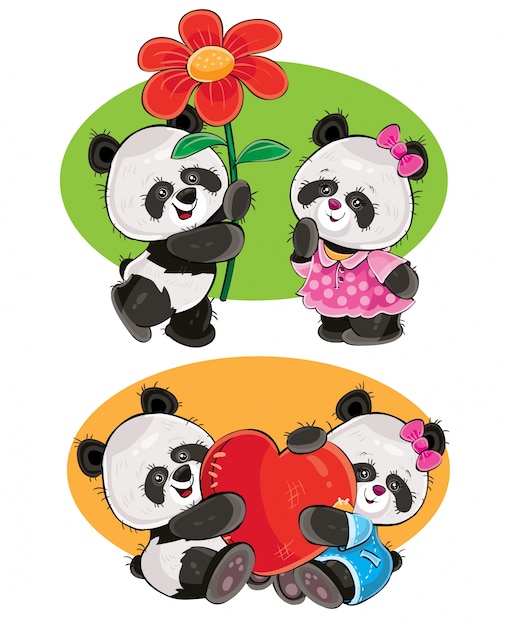 Conjunto de desenhos animados com um casal de ursos panda no amor