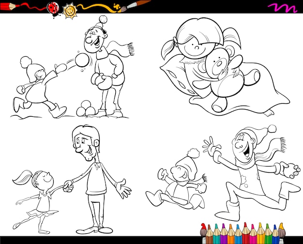 Conjunto de desenhos animados da página de colorir da família