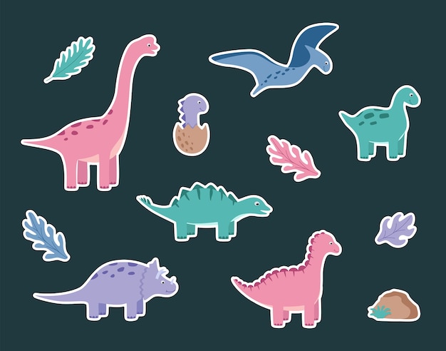 Conjunto de desenhos animados de adesivos dinossauros engraçados Ilustração vetorial de personagens fofos de dinossauros