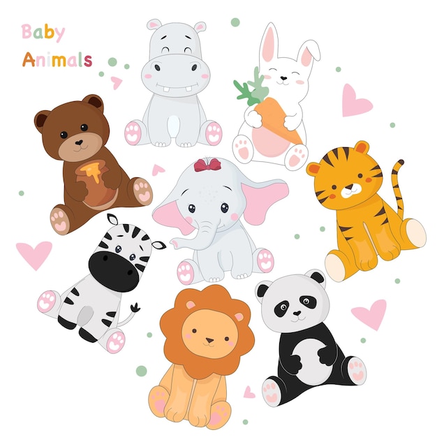 Conjunto de desenhos animados de animais de bebê vector urso hipopótamo leão tigre zebra panda elefante coelho urso