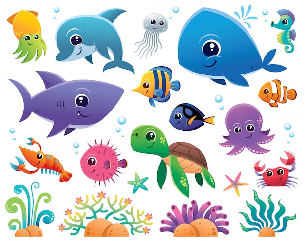 Vetor conjunto de desenhos animados de animais do mar