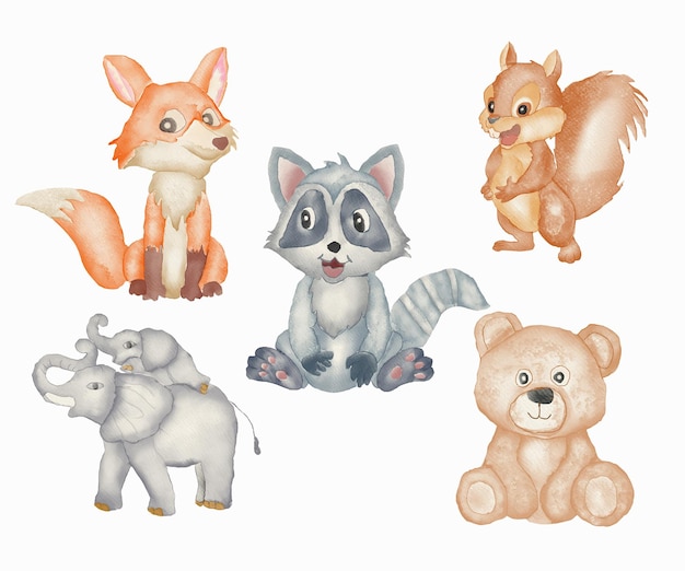 Vetor conjunto de desenhos animados de animais fofos em aquarela ilustração de clip-art boêmio boho