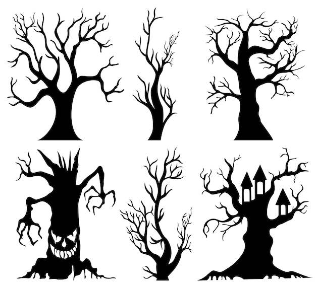 Conjunto de desenhos animados de árvore de Halloween assustador
