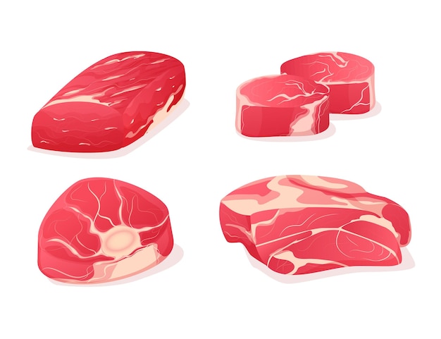 Conjunto de desenhos animados de bifes frescos de carne Variedade de fatias de carne de prato