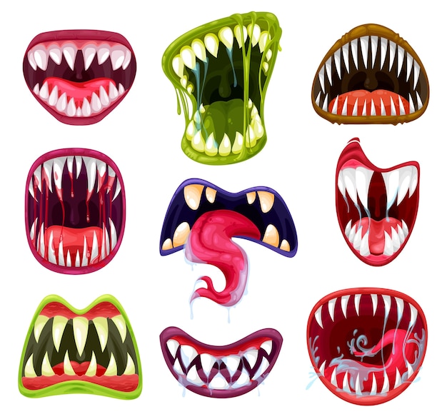 Conjunto de desenhos animados de bocas, dentes e línguas de monstro de Halloween. Diabo assustador e sorrisos de vampiro, rostos de terror malucos de feras alienígenas e zumbis furiosos com presas afiadas, saliva, lábios e gotas de sangue