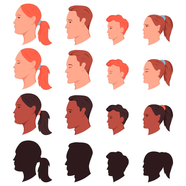 Vetor conjunto de desenhos animados de cabeças humanas de perfil lateral isolado em um fundo branco.