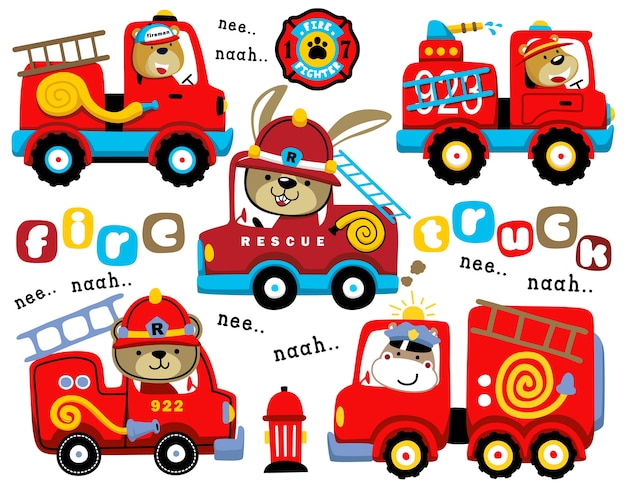 conjunto de desenhos animados de caminhões de bombeiros com motorista engraçado