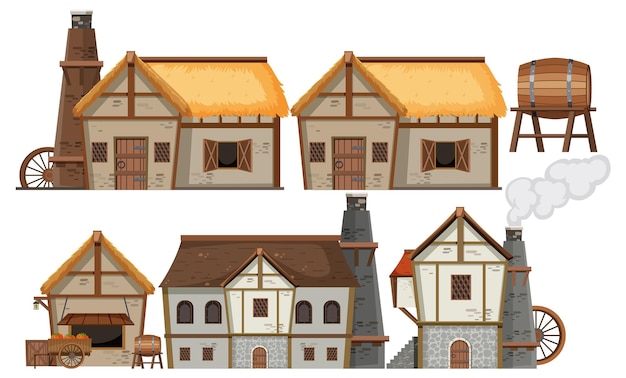 Vetor conjunto de desenhos animados de casas e objetos medievais