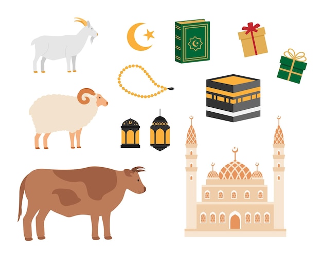 Conjunto de desenhos animados de Eid al Adha Mubarak Feriado muçulmano tradicional