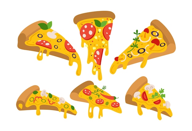 Conjunto de desenhos animados de fatias de pizza, pedaços de pizzas para menu retro italiano. margarita e havaiana, pepperoni ou frutos do mar, coleção mexicana. pizza desenhada à mão com pimenta, tomate e azeitona