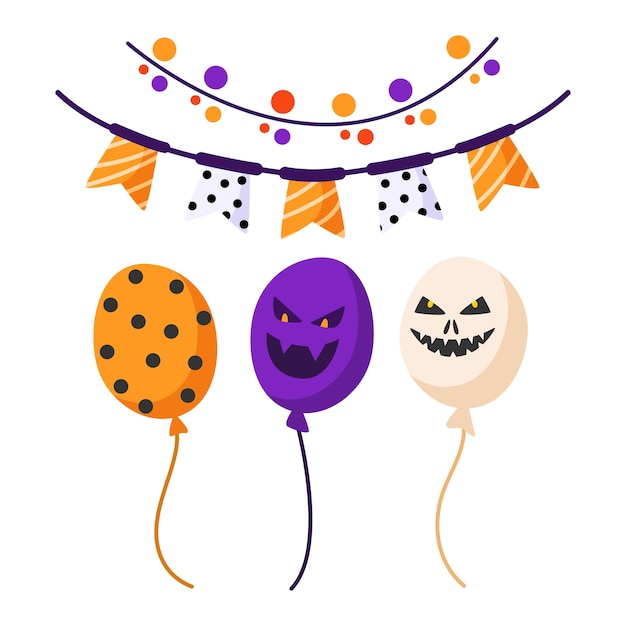 Conjunto de desenhos animados de halloween - balões festivos assustadores fofos com rostos e enfeites e guirlanda festiva com bandeiras