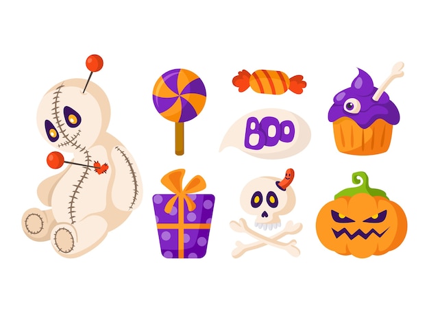 Conjunto de desenhos animados de halloween - boneca vodu e lanterna de abóbora, scull e ossos assustadores, doces, caixa de presente e bolo - vetor isolado