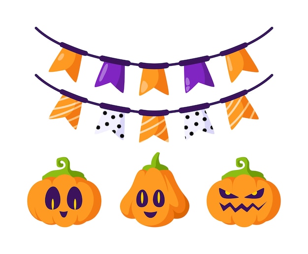 Vetor conjunto de desenhos animados de halloween - lanterna de abóbora esculpida, rostos assustadores e guirlanda festiva - feriado em branco