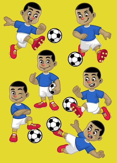 Vetor conjunto de desenhos animados de jogador de futebol infantil