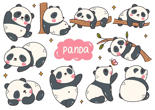 Vetor conjunto de desenhos animados de panda bonito