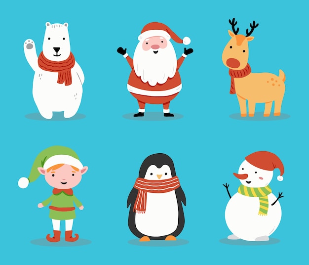 Conjunto de desenhos animados de papai noel, veado, boneco de neve, pinguim para banner de natal, ilustração de cartão de felicitações. coleção de natal feliz personagem fofa.