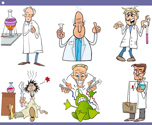 Conjunto de desenhos animados de personagens de cientistas