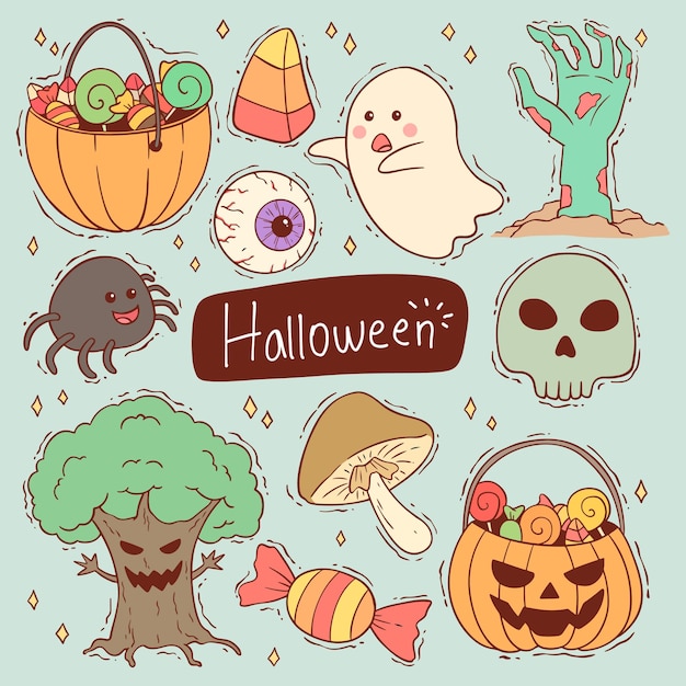 Conjunto de desenhos animados de personagens de halloween fofos com estilo doodle