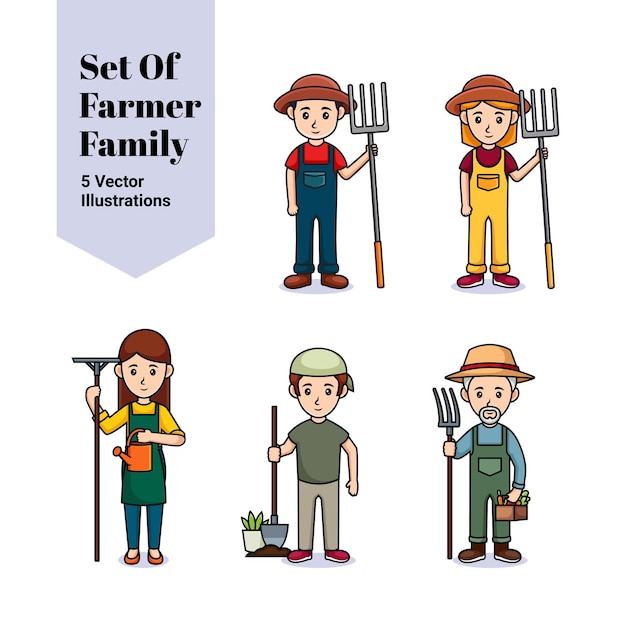 Conjunto de desenhos animados de pessoas de profissões do vetor da família do agricultor