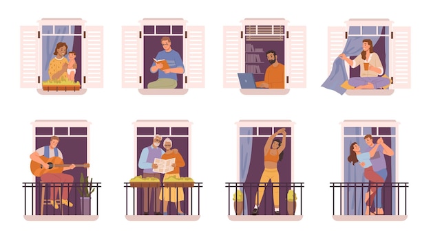 Conjunto de desenhos animados de pessoas sentadas perto de janelas ou varandas