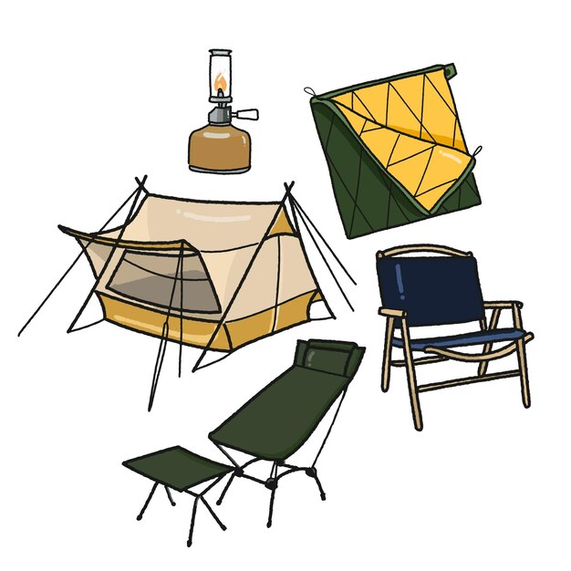 Vetor conjunto de desenhos animados de saco de dormir de candeeiro de tenda de campismo e cadeira de jardim