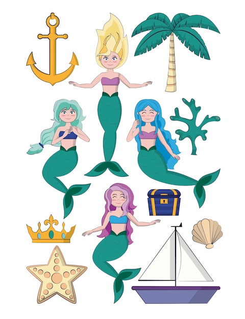 Vetor conjunto de desenhos animados de sereias lindas vector design gráfico ilustração