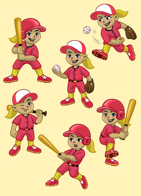 Conjunto de desenhos animados de uma jogadora de beisebol