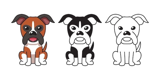 Conjunto de desenhos animados de vetor de cão boxer para design.