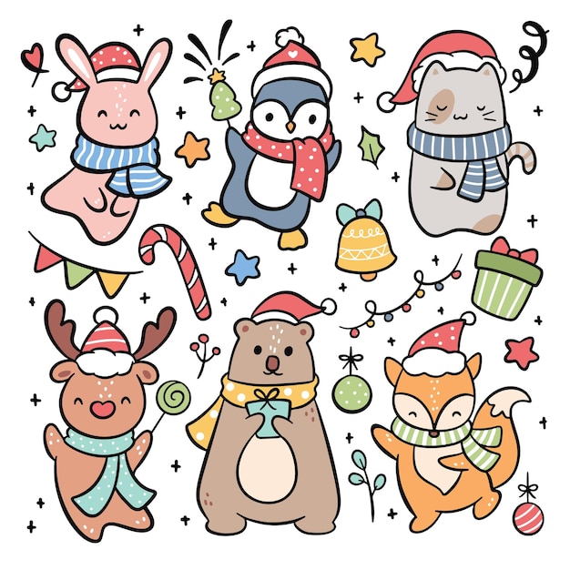 Conjunto de desenhos animados desenhados à mão, ilustração vetorial de animais de Natal
