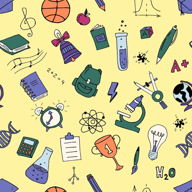 Conjunto de desenhos animados desenhados à mão vetorial de objetos e símbolos escolares Padrão sem costura