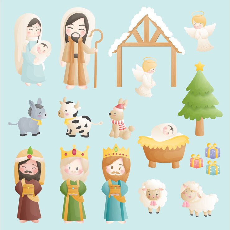 Vetor conjunto de desenhos animados do presépio de natal, com o menino jesus na manjedoura com anjos, burros e outros animais. religiosa cristã