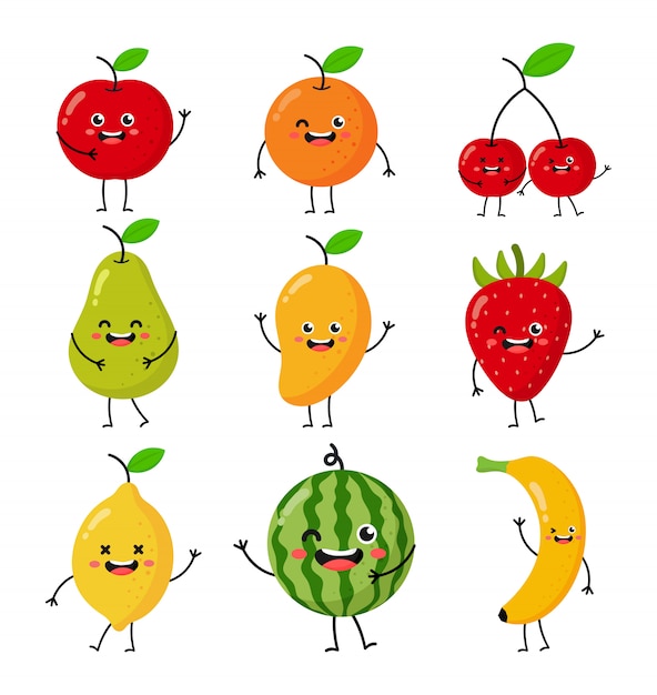 Conjunto de frutas kawaii dos desenhos animados isolado