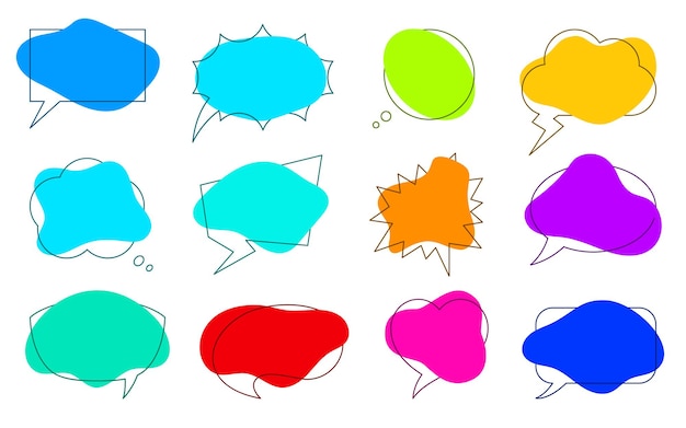 Conjunto de desenhos animados plano de quadro de linha de cor de forma líquida de bolha de fala. balão de diálogo de doodle de quadrinhos para texto