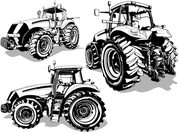 Vetor conjunto de desenhos com trator agrícola de diferentes pontos de vista