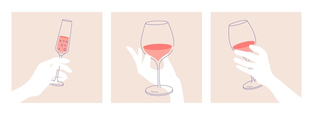 Conjunto de desenhos de contorno mão de mulher segurando o copo de vinho tinto e espumante branco ilustração plana