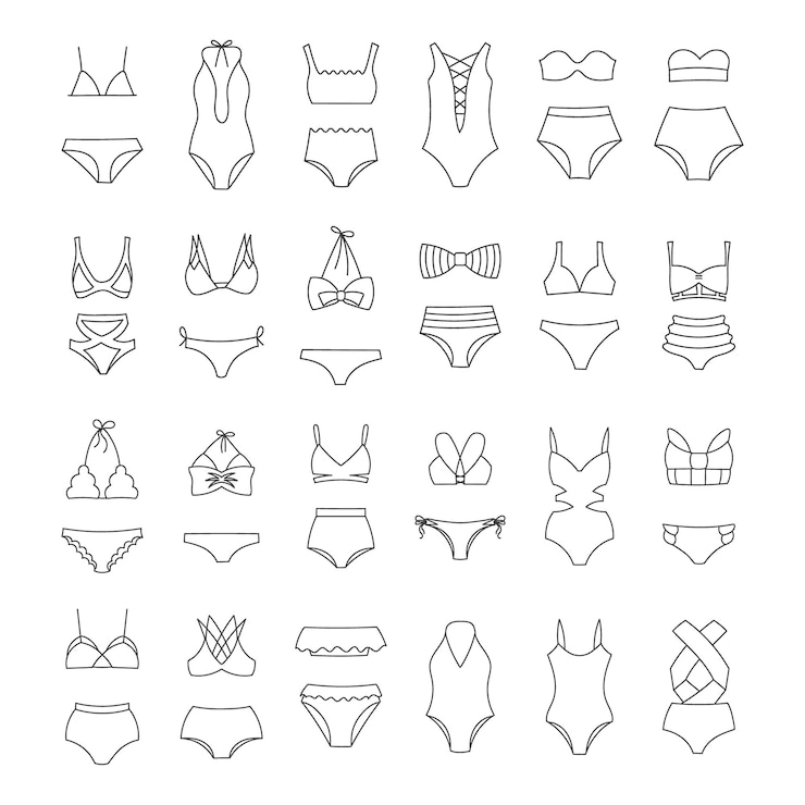Vetor conjunto de desenhos de linha de biquínis de maiôs femininos em um fundo branco roupas femininas
