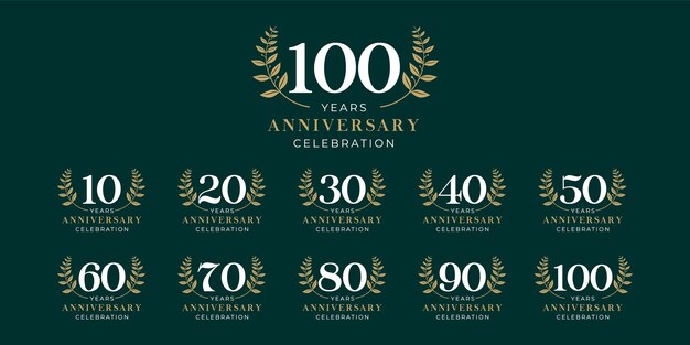 Conjunto de desenhos de logotipos vetoriais para 10o a 100o aniversário com flores de louro na cor dourada