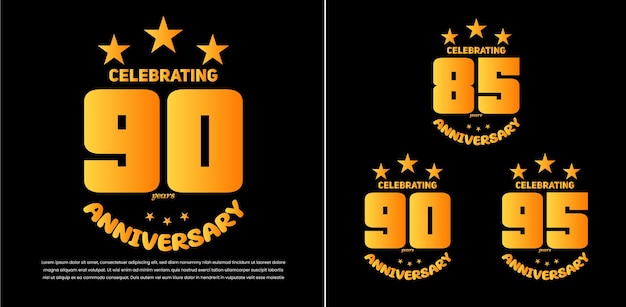 Vetor conjunto de desenhos de modelos de comemoração do 85o, 90o e 95o aniversário com letras de cor dourada