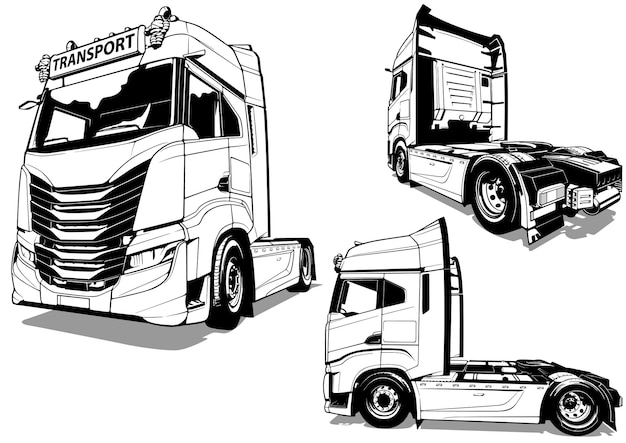 Conjunto de desenhos de um caminhão italiano europeu de diferentes pontos de vista