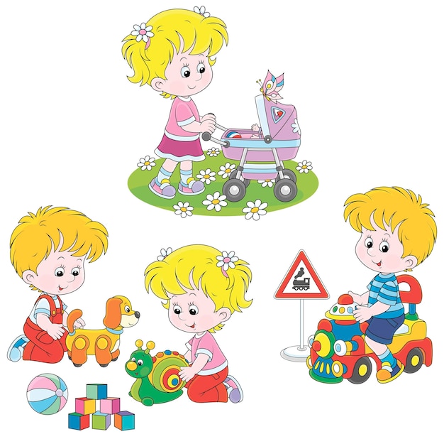 Conjunto de desenhos vetoriais de crianças felizes brincando com seus brinquedos engraçados