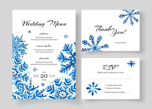 Conjunto de design de cartões de casamento de inverno com flocos de neve aquarela menu rsvp obrigado conjunto pintado à mão