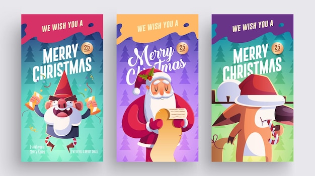 Conjunto de design de cartões de feliz natal e feliz ano novo com personagens de natal