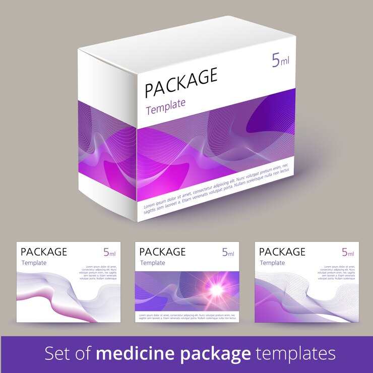 Vetor conjunto de design de embalagem de medicamentos com o modelo.