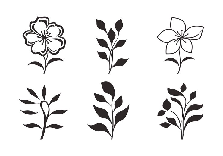 Conjunto de design de flores em ilustração vetorial de cor preta plana