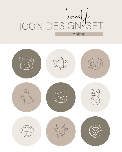 Vetor conjunto de design de ícone de estilo de linha animal