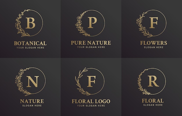 Conjunto de design de ilustração de logotipo botânico floral preto e dourado elegante desenhado à mão para beleza natural de marca orgânica